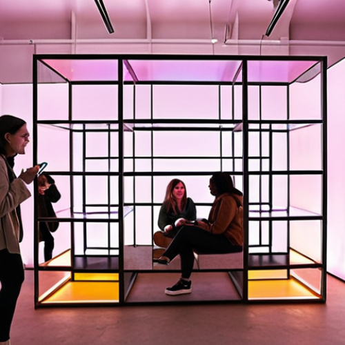 **

"A diverse group of people interacting with an interactive art installation featuring colorful lights and geometric shapes. The space is open and airy, with movable partitions and multi-functional furniture. Soft, warm lighting creates a welcoming atmosphere. Some viewers are using multilingual guides, while others are sharing their experiences on social media using their phones."

**