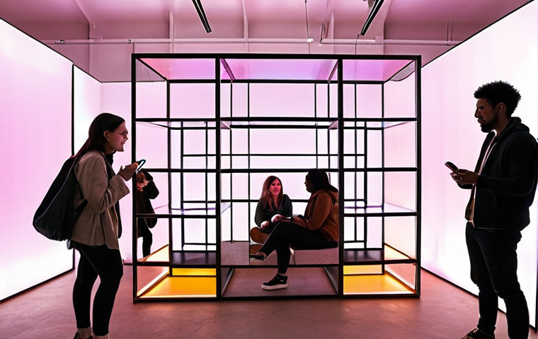 **

"A diverse group of people interacting with an interactive art installation featuring colorful lights and geometric shapes. The space is open and airy, with movable partitions and multi-functional furniture. Soft, warm lighting creates a welcoming atmosphere. Some viewers are using multilingual guides, while others are sharing their experiences on social media using their phones."

**
