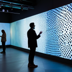 A diverse group of adults, fully clothed in modest, contemporary attire, are deeply immersed in a cutting-edge interactive art installation. The spacious exhibition hall features dynamic, floor-to-ceiling immersive projections, creating a fluid landscape of light and color that shifts with their movements. Subtle auditory effects and an engineered ambient scent enhance the multi-sensory experience. One person gently touches a responsive art piece, which subtly alters its visual patterns and hues. The atmosphere is one of wonder and active engagement, highlighting the seamless blend of art and technology. safe for work, appropriate content, fully clothed, family-friendly, perfect anatomy, correct proportions, natural pose, well-formed hands, proper finger count, natural body proportions, professional photography, high quality.