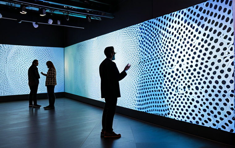 A diverse group of adults, fully clothed in modest, contemporary attire, are deeply immersed in a cutting-edge interactive art installation. The spacious exhibition hall features dynamic, floor-to-ceiling immersive projections, creating a fluid landscape of light and color that shifts with their movements. Subtle auditory effects and an engineered ambient scent enhance the multi-sensory experience. One person gently touches a responsive art piece, which subtly alters its visual patterns and hues. The atmosphere is one of wonder and active engagement, highlighting the seamless blend of art and technology. safe for work, appropriate content, fully clothed, family-friendly, perfect anatomy, correct proportions, natural pose, well-formed hands, proper finger count, natural body proportions, professional photography, high quality.