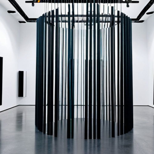 **

A modern art installation featuring sound. Focus on the acoustics, showing sound waves reflecting off surfaces, absorbing into materials. Include elements like speakers, sound panels, and a central sculpture emitting sound. Emphasis on the interaction of sound and space. Abstract, immersive, and thought-provoking. safe for work, appropriate content, fully clothed, professional. perfect anatomy, correct proportions, natural pose.

**