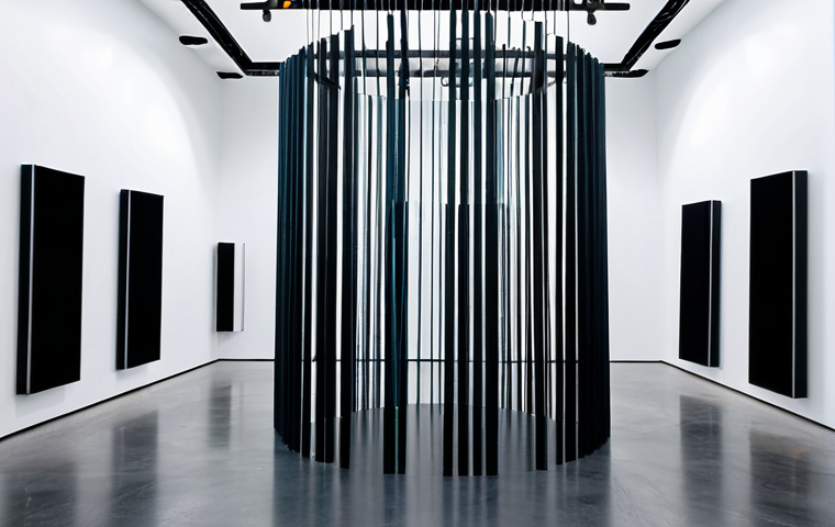 **

A modern art installation featuring sound. Focus on the acoustics, showing sound waves reflecting off surfaces, absorbing into materials. Include elements like speakers, sound panels, and a central sculpture emitting sound. Emphasis on the interaction of sound and space. Abstract, immersive, and thought-provoking. safe for work, appropriate content, fully clothed, professional. perfect anatomy, correct proportions, natural pose.

**