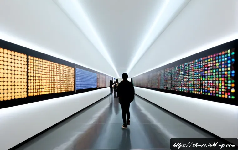 설치 예술 공간에서의 관객 데이터 분석 - Photorealistic contemporary installation art gallery, diverse adult visitors moving through an immer...
